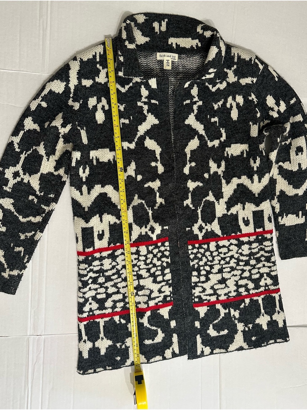 Faith and Joy Black, Cream & Red Knit Open Cardigan, Preowned, size PM